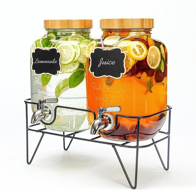 Roemey 1 Gallon Glass Drink Dispenser with Bamboo Lid, 2 Pack Water Dispenser with Stand, Drink Machine for Lemonade, Iced drinks, Kombucha Dispenser for Parties, Weddings