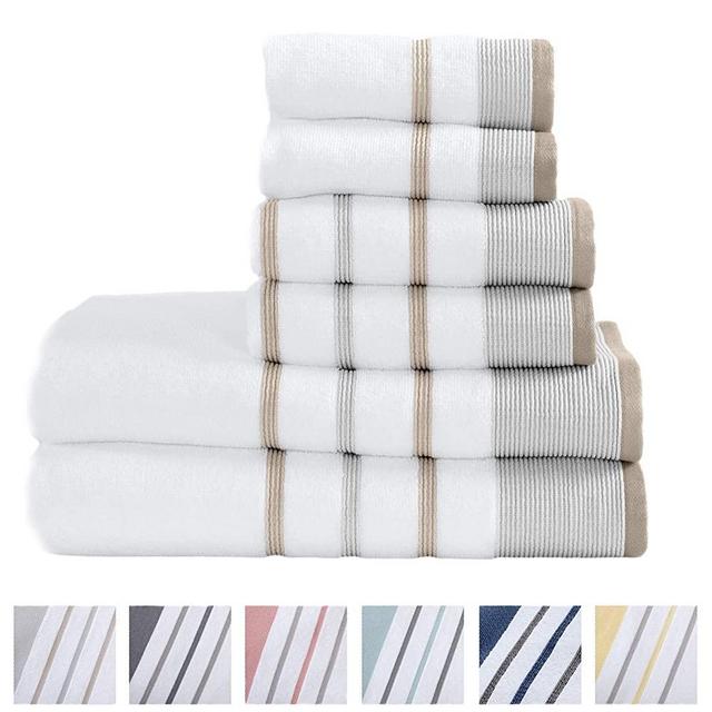 100% Turkish Cotton Striped Bath Towels, Luxury 6 Piece Set - 2 Bath Towels, 2 Hand Towels and 2 Washcloths. Highly Absorbent Quick-Dry Towels (6 Piece Set, Glacier Grey/Capuccino)