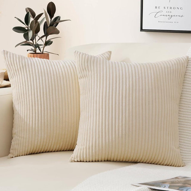 Mecatny Corduroy Throw Pillow Covers 20x20 Set of 2 - Striped Decorative Pillow Covers for Living Room, Bed - Soft Square Couch Pillow Covers for Sofa - Beige