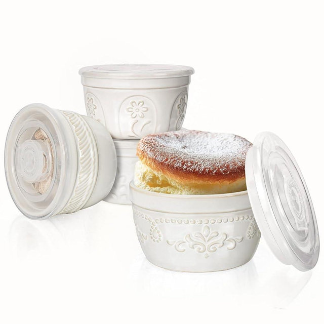 Artena Ramekins with Lids, Creme Brulee Ramekins Oven Safe, Pudding Cups, Souffle Cups, Custard Cups, Ceramic Ramiken, Dipping Sauce Cups, Food Storage Containers with Lids, Set of 4 (Multiple Patterns, 4 oz)