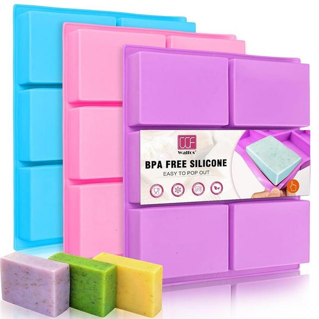 Walfos Silicone Soap Molds Set of 3, 6 Cavities Rectangle Silicone Soap Molds for Homemade Craft Soap Mold, Cake,Chocolate ＆ Ice Cube Tray（Blue & Purple ＆ Pink）