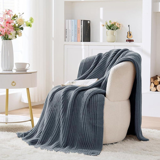 Chunky Knit Dusty Blue Throw Blanket Soft Cozy Thick Decorative Blanket for Couch Sofa Bed Living Room, 50"x60"