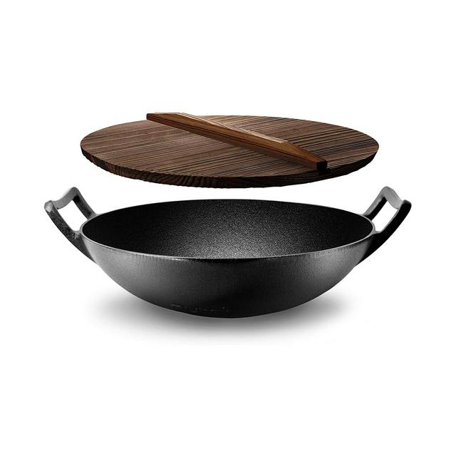 NutriChef Pre Seasoned Nonstick Cooking Wok Cast Iron Kitchen Stir Fry Pan with Wooden Lid for Gas, Electric, Ceramic, & Induction Countertops, Black