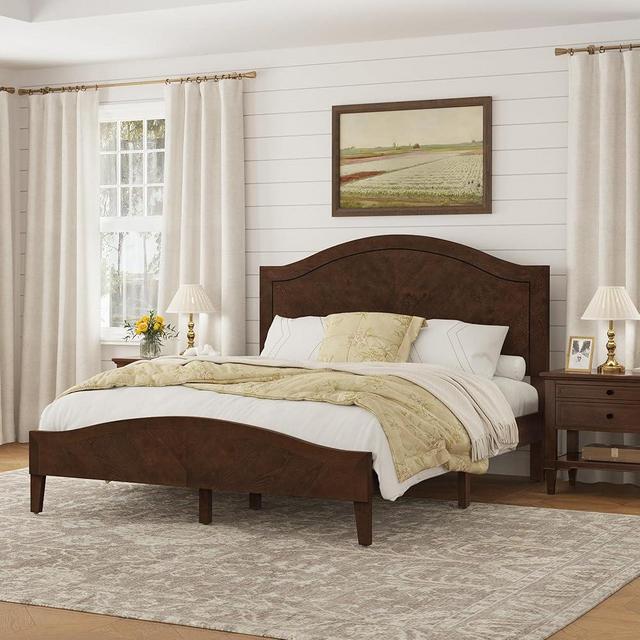 Cozyman Queen Size Wood Bed Frame with Adjustable Headboard, Mid Century Modern Solid Rubberwood Platform Bed, 800LBS Heavy Duty, No Box Spring Needed, 30 Mins Assembly, Dark Walnut