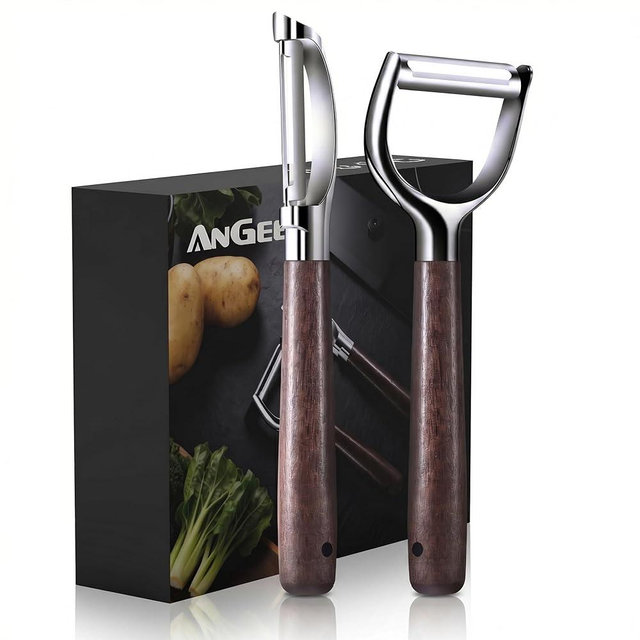 Premium Vegetable Peeler, Stainless Steel Potato Peeler with Ergonomic Wood Handle, Sharp Veggie Peeler for Potatoes, Carrots, Fruits & Cabbage, Professional Peeler for Kitchen (Y+I Set)