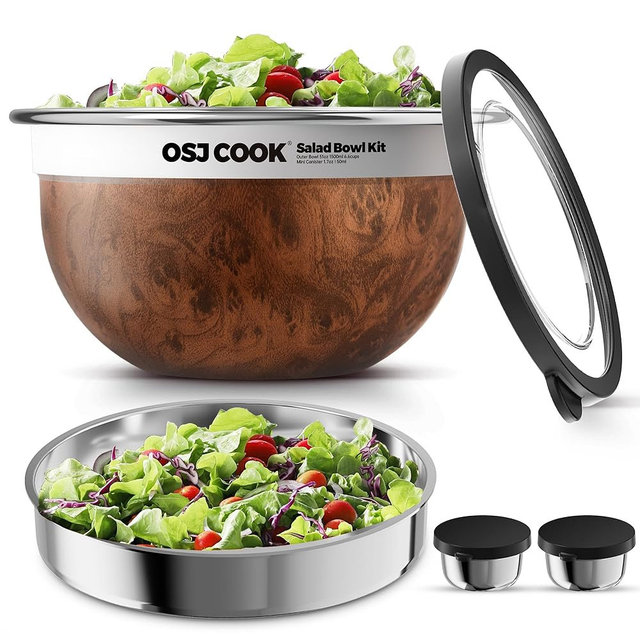 OSJ COOK 74oz Stainless Steel Salad Bowl Kit, Leak-Proof Salad Container for Lunch with Lid, 18/8 Metal Lunch Bowl with Dressing Cup and Removable Tray, Dishwasher Safe, Wood