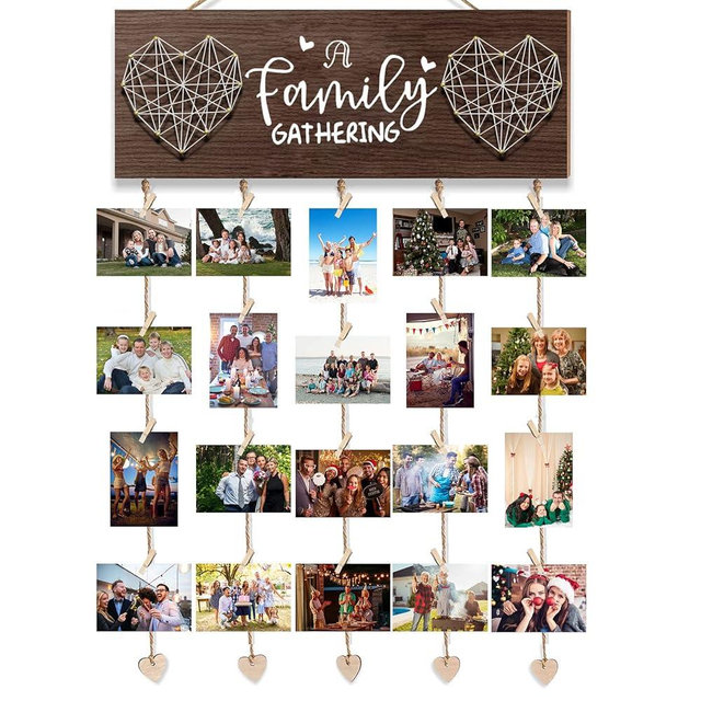 Family Picture Frames Collage Wall Decor, Hanging Photo Display Wood Photo Board with 20 Clips for Home Decor, Photo Holder Gifts for Family, Christmas Card Holder, Multi Pictures Organizer
