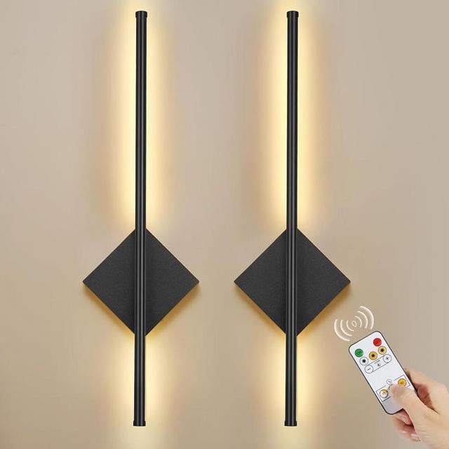 Battery Operated Wall Sconces Set of Two, Modern Sconces Wireless Cordless Rechargeable Light with Remote, Black Wall Lamp Dimmable Magnetic Home Decor for Bedroom Living Room Hallway Timing 23.6 Inch