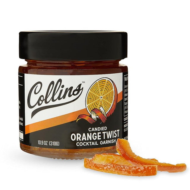 Collins Candied Fruit Orange Peel Twist in Syrup - Popular Cocktail Garnish for Skinny Margarita, Martini, Mojito, Old Fashioned Drinks, Peel for Baking, 10.9oz.