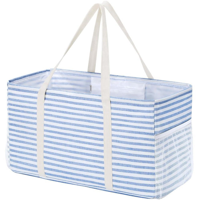 Lifewit Extra Large Tote Bag, Reusable Grocery Bags with Metal Wire Frame and Handles, Standing Utility Foldable Shopping Bags for Storage, Picnics, Beach, Pool, Laundry, Car, Camping, 1 Pack, Blue