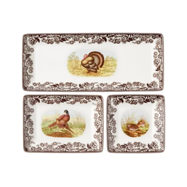 Spode Woodland 3-Piece Porcelain Tray Set - Turkey, Pheasant, Otter Wildlife Art, Great for Holiday Appetizers & Snacks - Dishwasher Safe