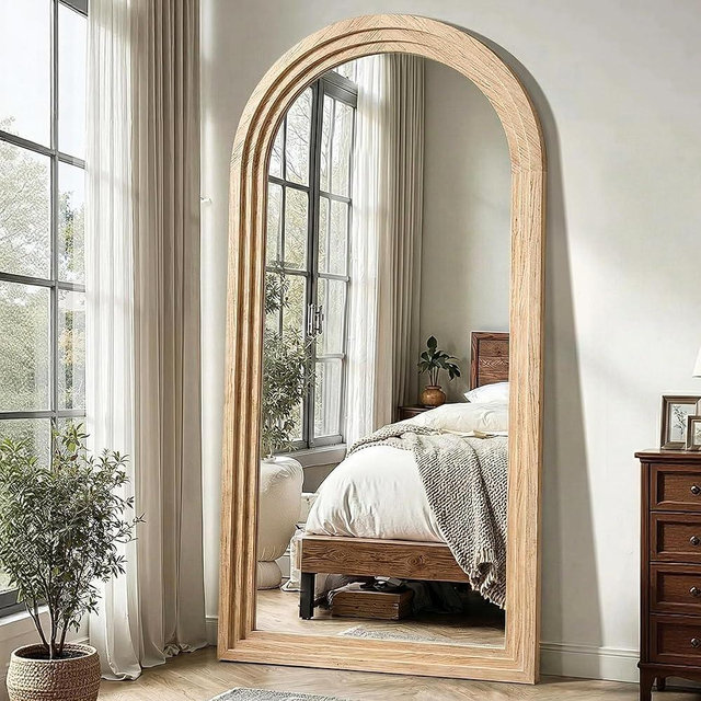 Delma Arched Full Length Floor Mirror with Stand, 75x35 Rustic Farmhouse Solid Wood Frame Wall Mirror for Bedroom, Living Room, Vertical Hanging & Standing(Natural)