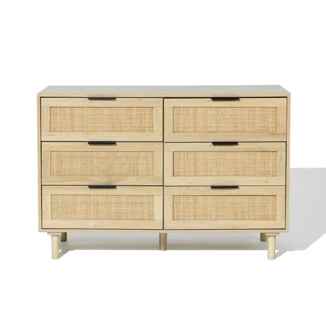 LuxenHome Mid-Century Modern Oak Finish Horizontal 6-Drawer Dresser Brown