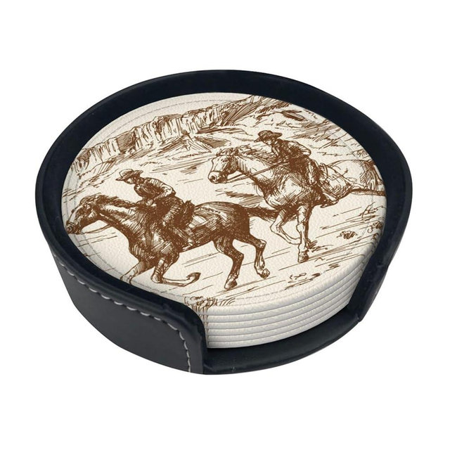 Western Desert Vintage Cowboy Coasters for Drinks Round Leather Coaster with Holder Set of 6 for Tabletop Protection Desk Accessories Office Home Room Decor