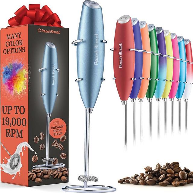 Powerful Handheld Milk Frother, Milk Foamer, Battery Operated (Not included) Stainless Steel Drink Mixer with Frother Stand for Coffee, Lattes, Cappuccino, Frappe, Matcha, Hot Chocolate (Ocean Blue)
