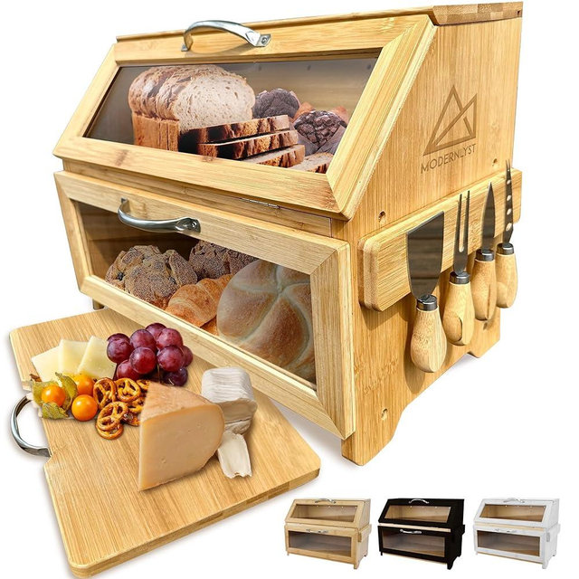 Modernlyst Extra Large Bread Box with Cutting Board & Knife Set | 7 Piece Set | Bamboo Breadbox | Bread Boxes for Kitchen Countertop | Bread Storage Container| Assembly Required