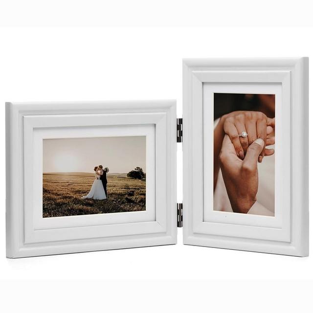 WISADD Horizontal & Vertical 5X7 Picture Frames Double Hinged Wood Folding Photo Frames with Real Glass Front Fit for Desktop or Tabletop Display Pictures 4x6 with Mat or 5x7 Without Mat, White
