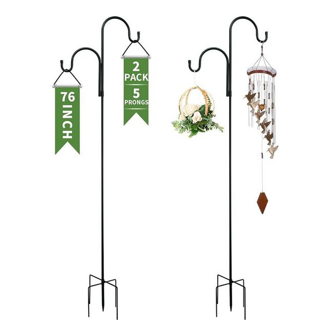 GARGENTOL Double Shepherds Hooks for Outdoor, Bird Feeder Pole with 5 Prongs Base, Heavy Duty Garden Hook for Lantern, Wind Chime and Hummingbird Feeder, 76 Inch, 2 Pack