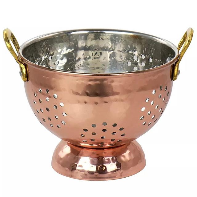 Stainless Steel Mini Berry Colander in Copper, 5.7 Inch. With Double Antique Gold Handles