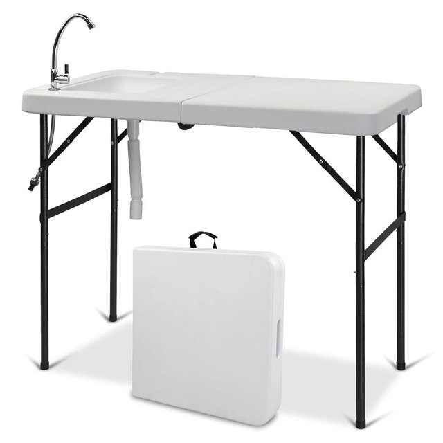 VINGLI Fold in Half Folding Fish Cleaning Table with Sink, Bi-Folding Outdoor Portable Camping Game Sink Table,Fish Fillet Cutting Table with Drainage Hose for Patio Backyard BBQ