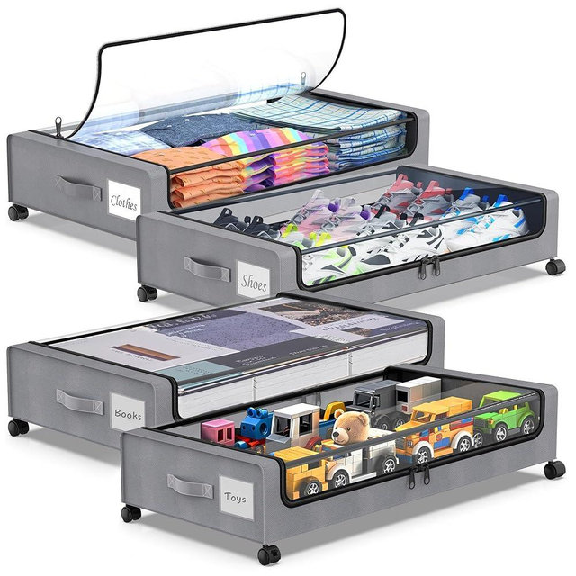 Beborxue Under Bed Storage with Wheels, 4-Pack Under Bed Storage Containers with Clear Lids, XXL 60L Under the bed storage Organizer Bins, Rolling Under Bed Metal Drawer for Clothes,Shoes,Toys (Gray)
