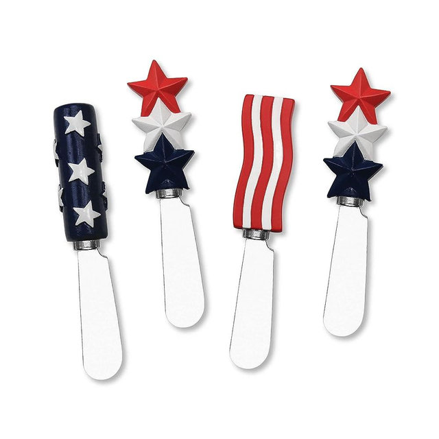 Supreme Housewares Cheese and Butter Spreader Knives Patriotic Decor 4-Piece Hand Painted Resin Handle with Stainless Steel Blade Multipurpose Cheese Spreader set (American Flag)
