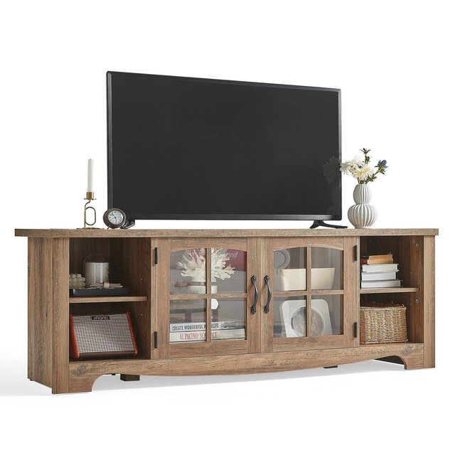 Farmhouse TV Stand for 75 Inch TV, Wood Entertainment Center with Glass Door Storage Cabinet, Large TV Console Table for Living Room, Brown, 66"