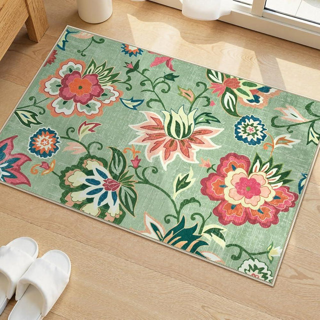 Beeiva Floral 2x3 Washable Rug Non Slip, Ultra Thin Door Mat Indoor Entrance for Kitchen, Non Shedding Green Rug Carpet Entry Way Bedroom Beside Bathroom (Light Green,2'x3')