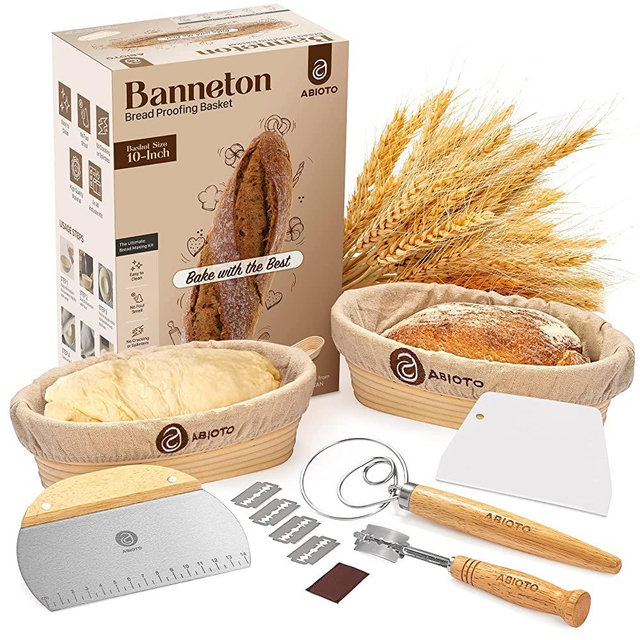 Banneton Bread Proofing Basket Set of 2 with Sourdough Bread Baking Supplies - A Complete Bread Making Kit Including 10" Proofing Baskets, Danish Whisk, Bowl Scraper, Dough Scraper, & Bread Lame