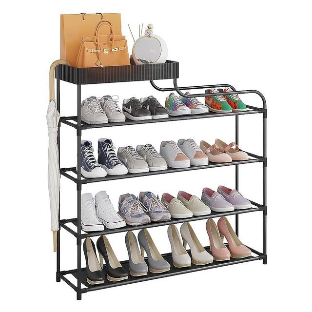 Sywhitta 4-Tier Shoe Rack Storage Organizer Shoe Shelf with Storage Box Multi-Function, Free Standing Shoe Racks High Capacity Shoe Organizer for Corridor, Living Room, Balcony, Bedroom, Black