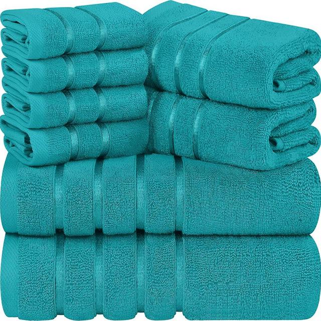 Utopia Towels 8-Piece Luxury Towel Set, 2 Bath Towels, 2 Hand Towels, and 4 Wash Cloths, 600 GSM 100% Ring Spun Cotton Highly Absorbent Viscose Stripe Towels Ideal for Everyday use (Turquoise)