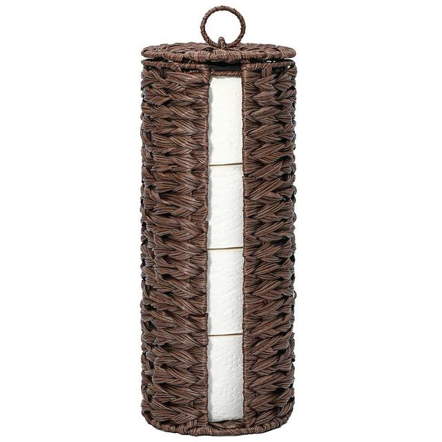Tadacumir 4 Mega Rolls Extra Toilet Paper Storage with Lid, Waterproof Plastic Wicker Toilet Paper Holder Basket Stand, Decorative Boho Covered Enclosed Toilet Tissue Organizer for Bathroom, Brown