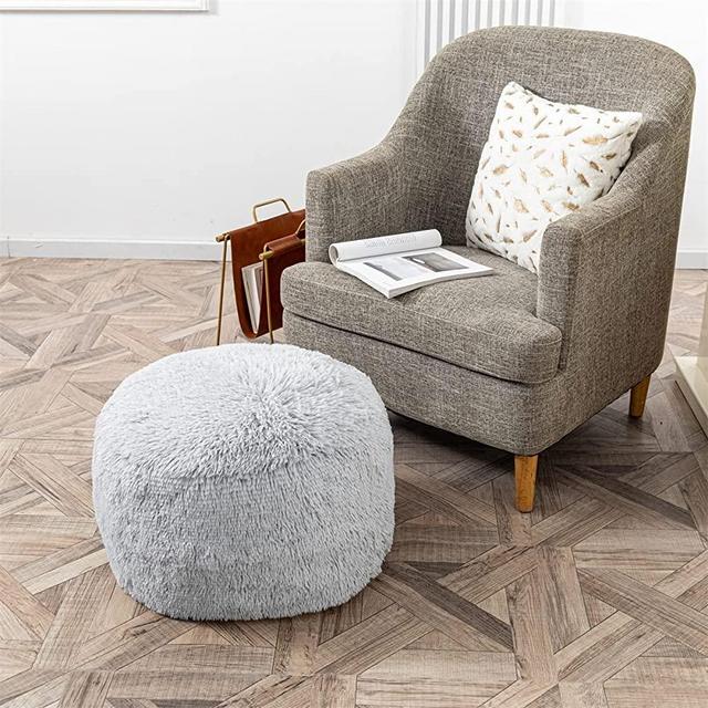 Fur Ottoman Stool Unstuffed ,Footstool Cover, Floor Pouf, Foot Rest,20x20x12 Inches Round Poof Seat, Floor Bean Bag Chair,Foldable Floor Chair Storage for Living Room, Bedroom (Misty Gray Pouf Cover)