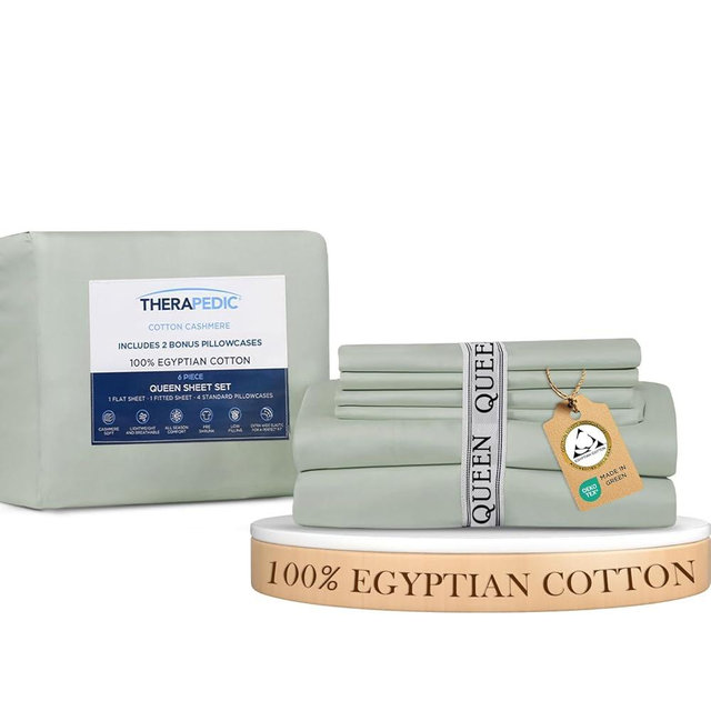 Therapedic 100% Egyptian Cotton Queen 6-Piece Sheet Set – Naturally Cooling & Breathable Sateen, Preshrunk Garment Wash, 16" Deep Pocket Fitted Sheet, Bonus Pillowcases, Soft & Durable - Sage