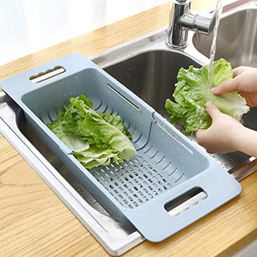 MineSign Collapsible Colander Fruits and Vegetables Drain Basket Adjustable Strainer Over the Sink for Kitchen (Blue)