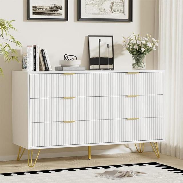 BVFUKA White Dresser, Modern Dresser for Bedroom, 6 Drawer Dressers with Wide Drawers and Gold Handles, Storage Chest of Drawers for Living Room Hallway Entryway