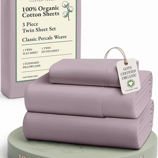LANE LINEN Sustainable 100% Organic Cotton Twin Size Bed Sheets, Soft & Comfy Mercerized Fully Elasticized Naturally Cooling Machine Washable Twin Sheet Sets Cotton- Lilac