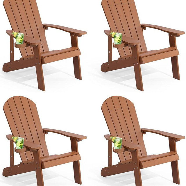 hOmeQomi Adirondack Chairs Set of 4, All Weather Resistant Plastic Chairs with Cup Holder, 5 Easy Steps to Install, Outdoor Chairs for Patio, Garden, Backyard Deck, Lawn, Fire Pit - Teak