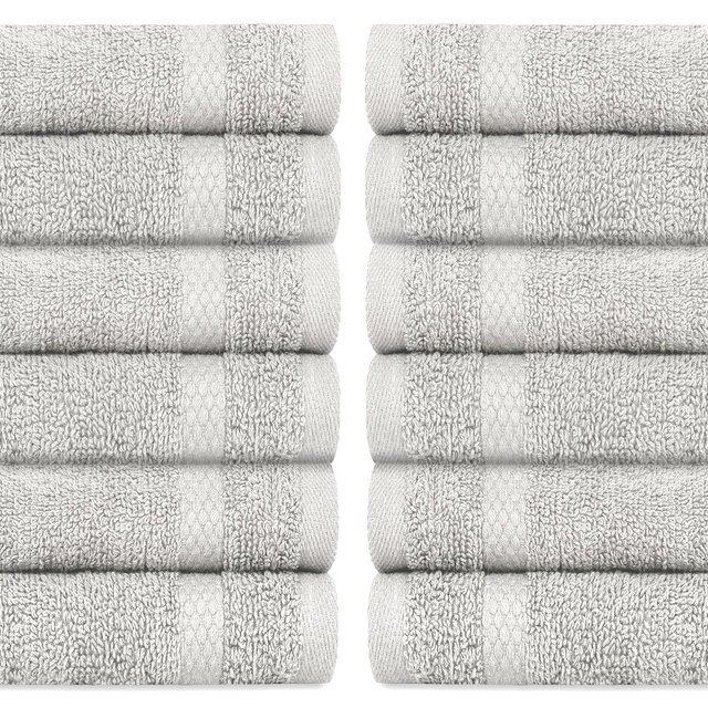 White Classic Luxury Cotton Washcloths - Large Hotel Spa Bathroom Face Towel | 12 Pack | Silver