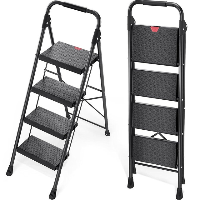 KINGRACK 4 Step Ladder,Folding Step Stool with Handrail, Anti-Slip Wide Pedals, Safe-Lock Design, Pass 800lbs Load Testing, Foldablel Step Stool for Home, Kitchen, Black