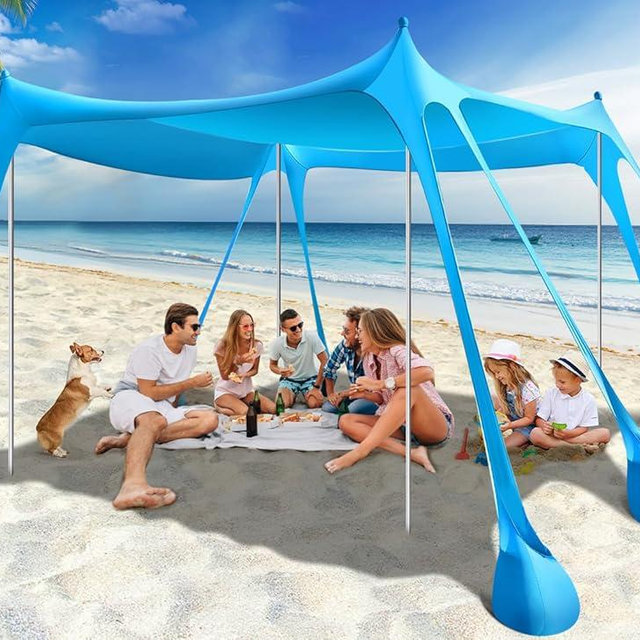 Rhino Valley Beach Tent Shade Canopy UPF50+ Protection, 8 Sandbags, 4 Stability Poles, Outdoor Sun Shelter Umbrella for Sand, Camping, Fishing Essentials