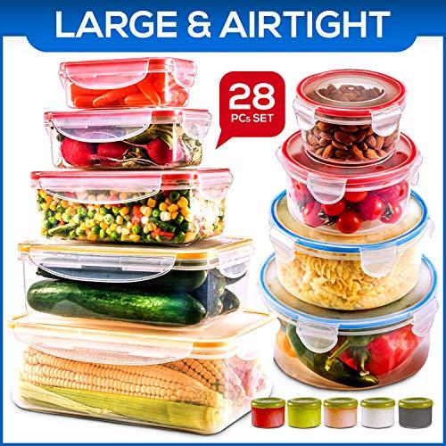 28 PCs Large Food Storage Containers with Airtight Lids- Freezer & Microwave Safe,BPA Free Plastic Meal Prep Containers & Kitchen set.Leak proof Lunch Containers-Snacks, Sandwich, Sauces & Bento box