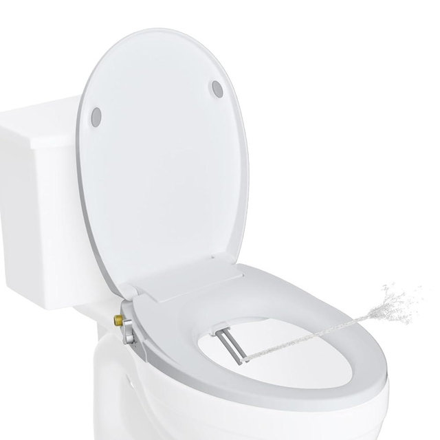 Hibbent Round Bidet Toilet Seat with Slow Close, Non-Electric Bidet Attachment for Toilet Seat with Dual Nozzle, Bidet Sprayer with Adjustable Self-Cleaning Nozzles, Brass T Adapter