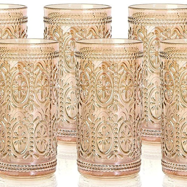 6 Pack Highball Beverage Glass Cup, 12oz Amber Glassware Drinking, Vintage Embossed Drinking Glasses, Old Fashioned Glass for Party Wedding Home Office and Gift