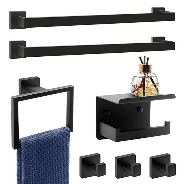 Dorudon atrox 7 Piece Bathroom Hardware Set, Matte Black Bathroom Accessories 2*23.6"Towel Racks for Bathroom Hardware Set 1*Towel Ring 1*Toilet Paper Holder 3*Towel Hook Square Bathroom Hardware Set