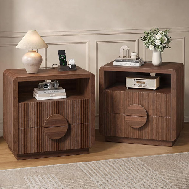 OneBlis 23" Wide Fluted Nightstands Set of 2, Mid Century Bedside Tables with Charging Station, Wood End Table with 2 Drawers and Open Shelf for Bedroom, Home Office, Walnut