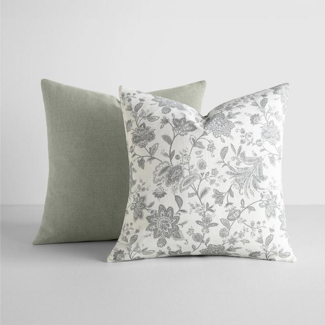 2-Pack Cotton Slub Gray Jacobean Throw Pillows and Pillow Inserts Set - Becky Cameron, Jacobean Gray