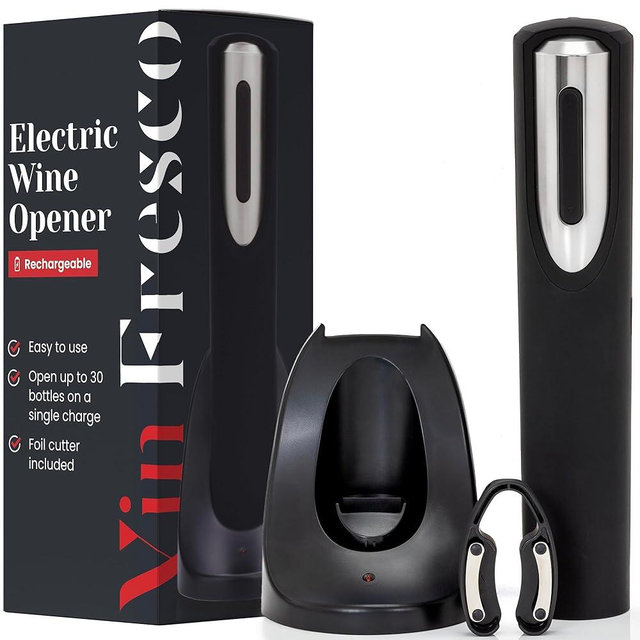 Rechargeable Electric Wine Bottle Opener - Charging Base and Foil Cutter Included with Automatic Wine Opener - Electric Corkscrew for Easy Cork Removal - Best Gift for Wine Lover (Black & Silver)