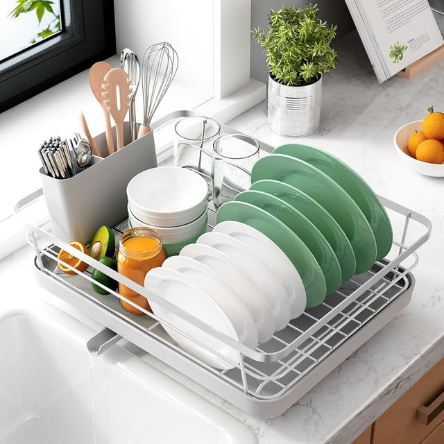 Kitsure Dish Drying Rack- Space-Saving Dish Rack, Dish Racks for Kitchen Counter, Stainless Steel Kitchen Drying Rack with a Cutlery Holder, 12''W x 15''L, Grey