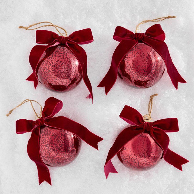 Red Mercury Balls With Bows Ornament Box Set of 4